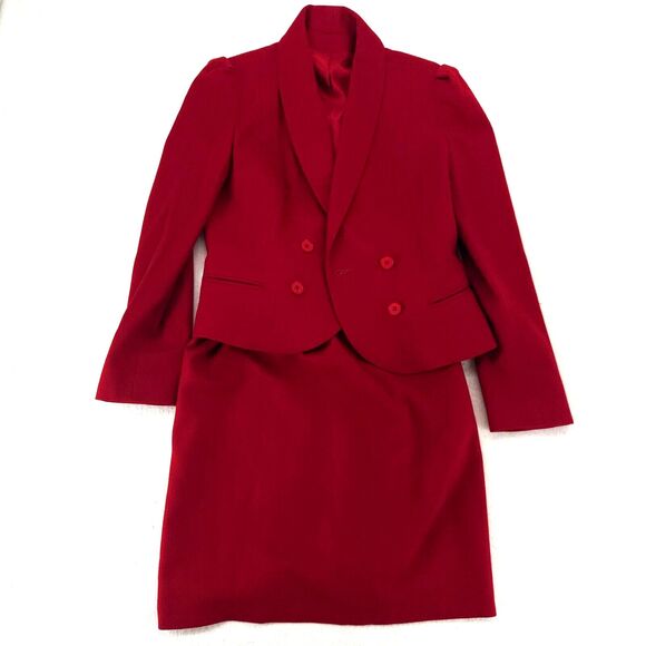 Vintage 70s Red Wool Blazer Skirt Suit Set Double-Breasted Lux Office Chic - Picture 2 of 14